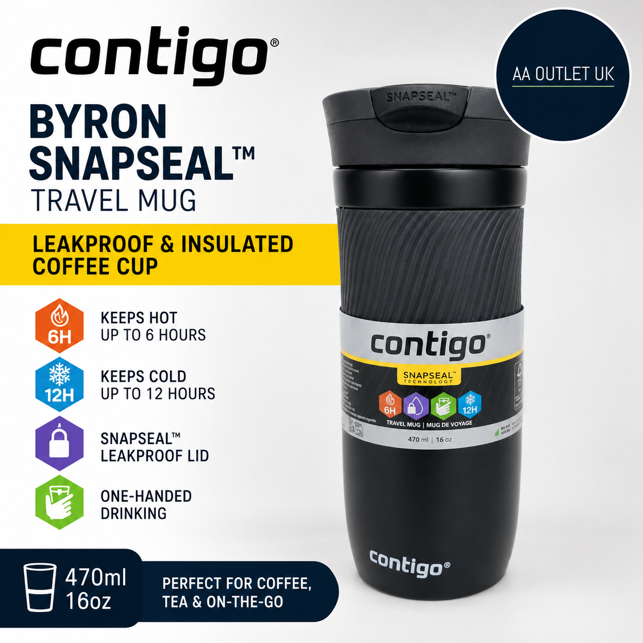 Contigo Byron SnapSeal Travel Mug 470ml Leakproof Insulated Coffee Cup Black