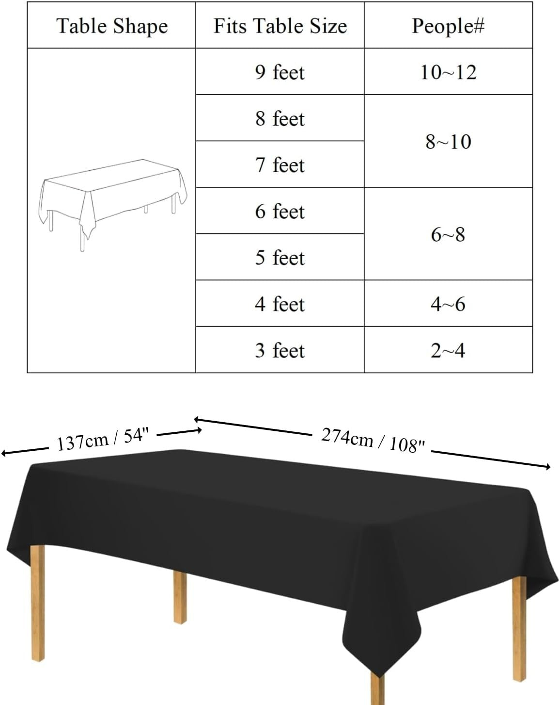 Ceiliwen 8 Pack Black Plastic Table Cover 274x137cm Rectangular Tablecloth New