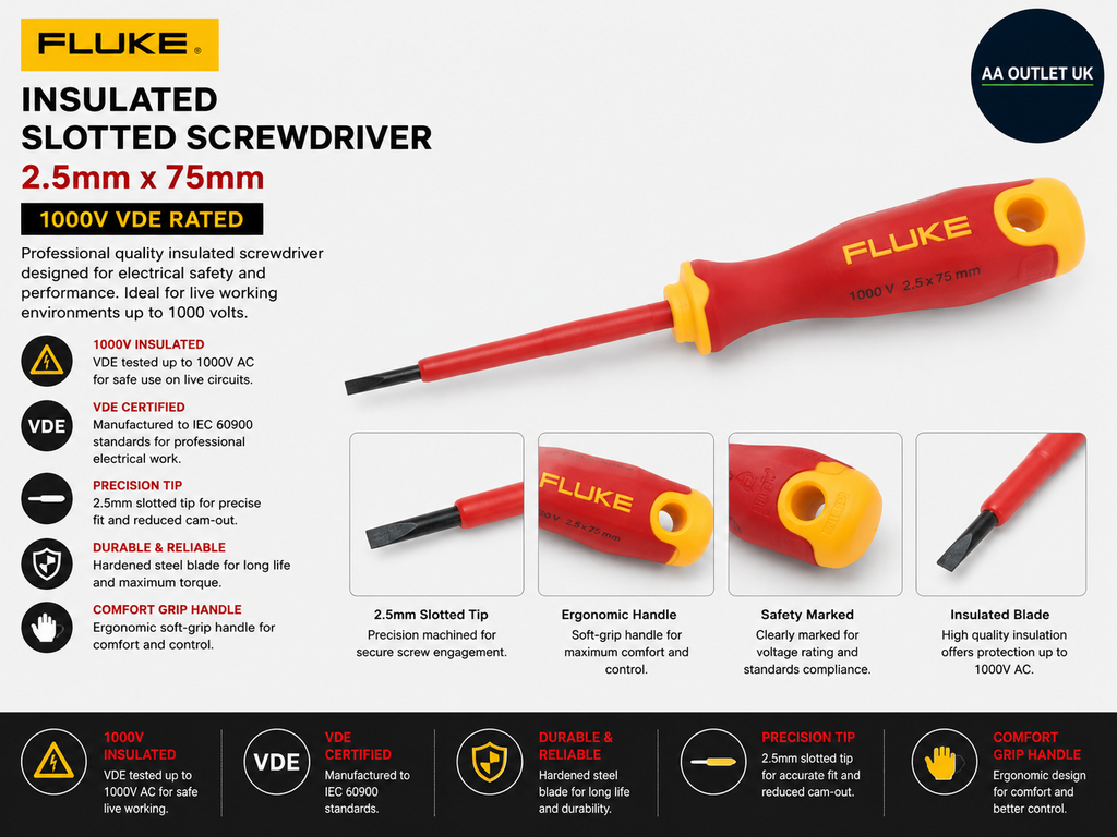 Fluke Insulated Slotted Screwdriver 2.5mmx75mm 1000V VDE Rated Metal Plastic