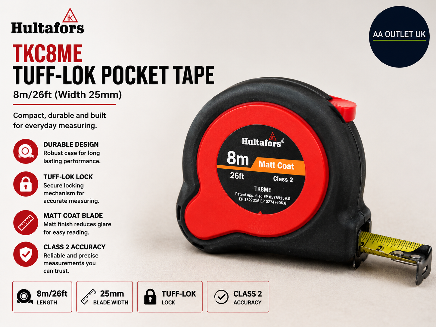 Hultafors TKC8ME TufLok Pocket Tape 8m Matt Coat 26ft Width 25mm EC Class II