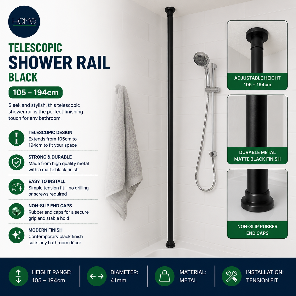 HomeTelescopic Shower Rail Black 1020x41cm Extends 105cm To 194cm