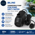 Biling Submersible Pump Pond Dirty Water 60W 3200 LH Quiet Pond Pump