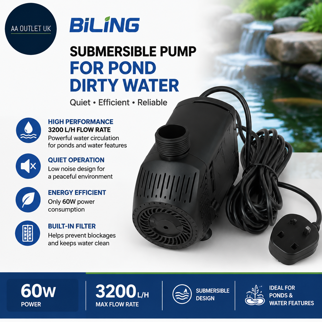 Biling Submersible Pump Pond Dirty Water 60W 3200 LH Quiet Pond Pump