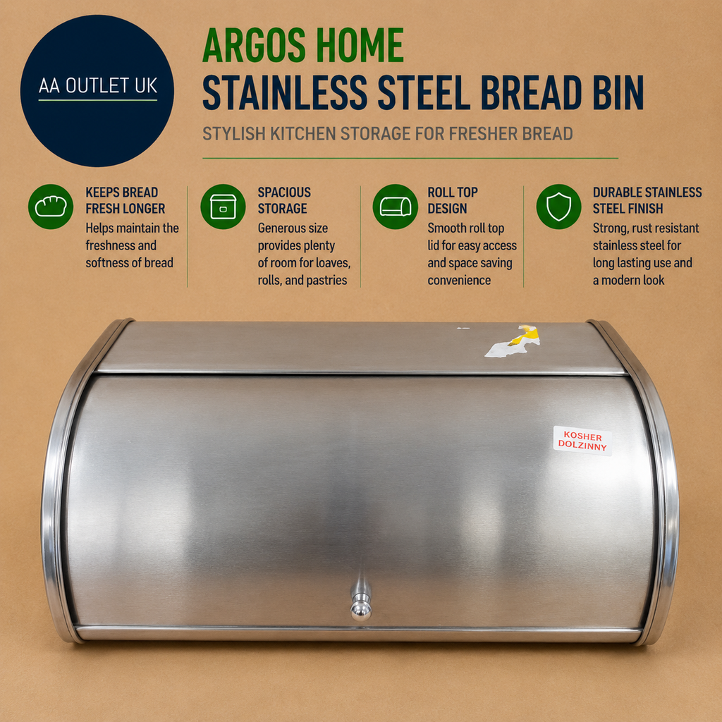 Argos Home Stainless Steel Bread Bin Kitchen Storage Roll Top Container Design
