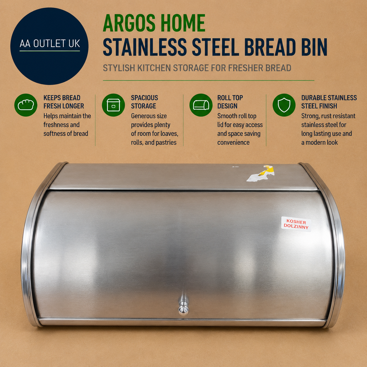 Argos Home Stainless Steel Bread Bin Kitchen Storage Roll Top Container Design