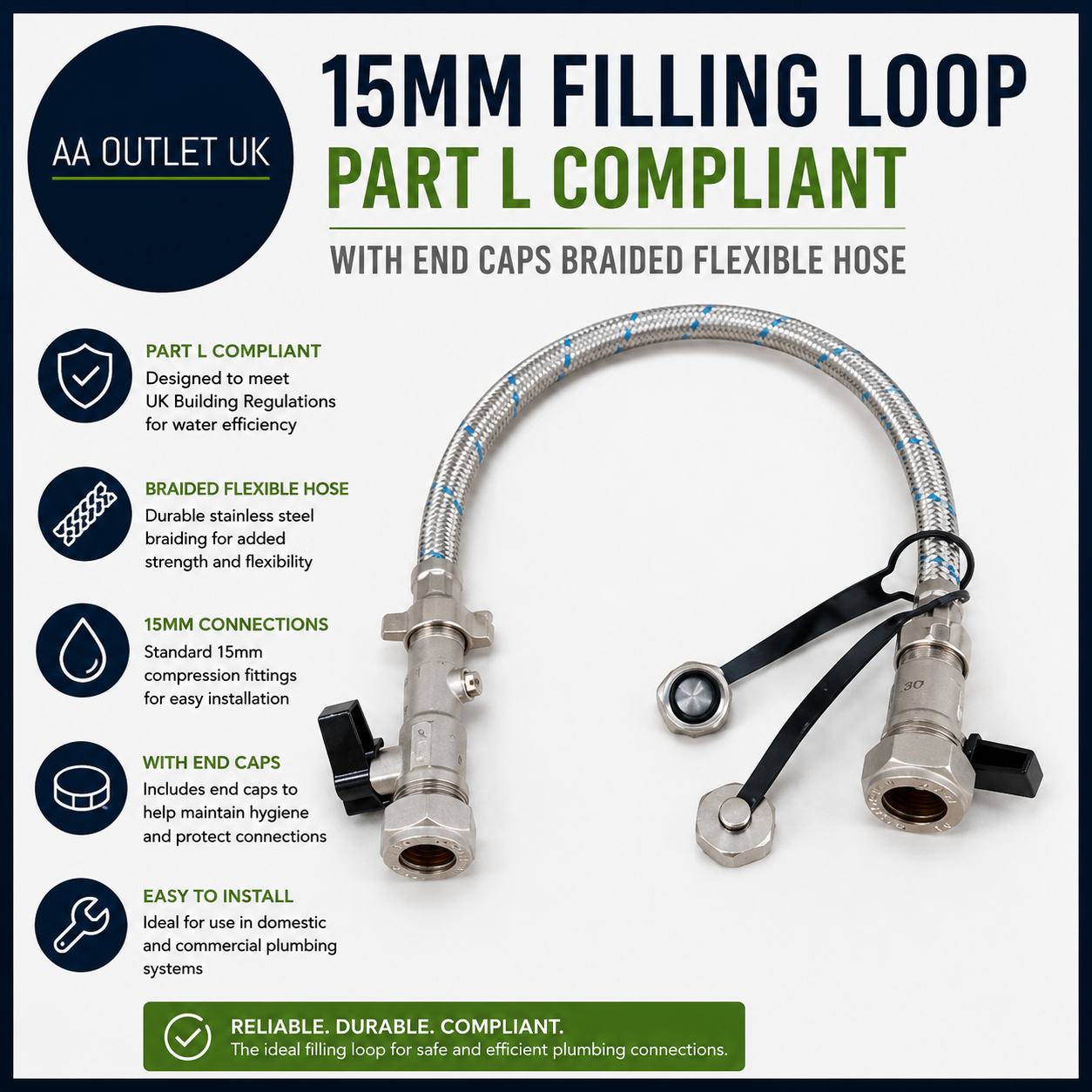 15mm Filling Loop Part L Compliant End Caps Braided Flexible Hose Silver Design