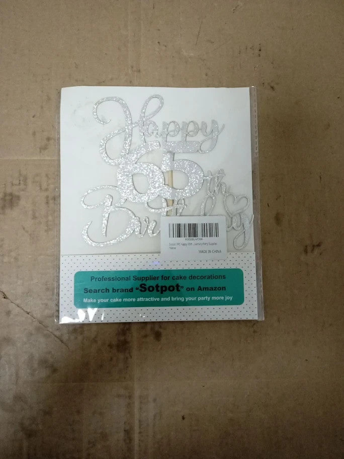 Sotpot 1pc Happy 65th Birthday Cake Topper Double Sided Silver Glitter New