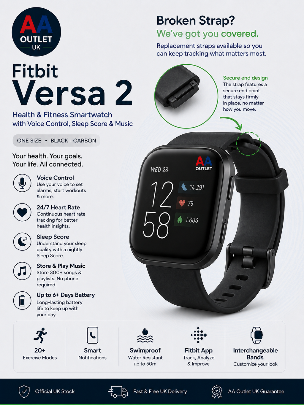 Fitbit Versa 2 Health Fitness Smartwatch Voice Control Sleep Score Music