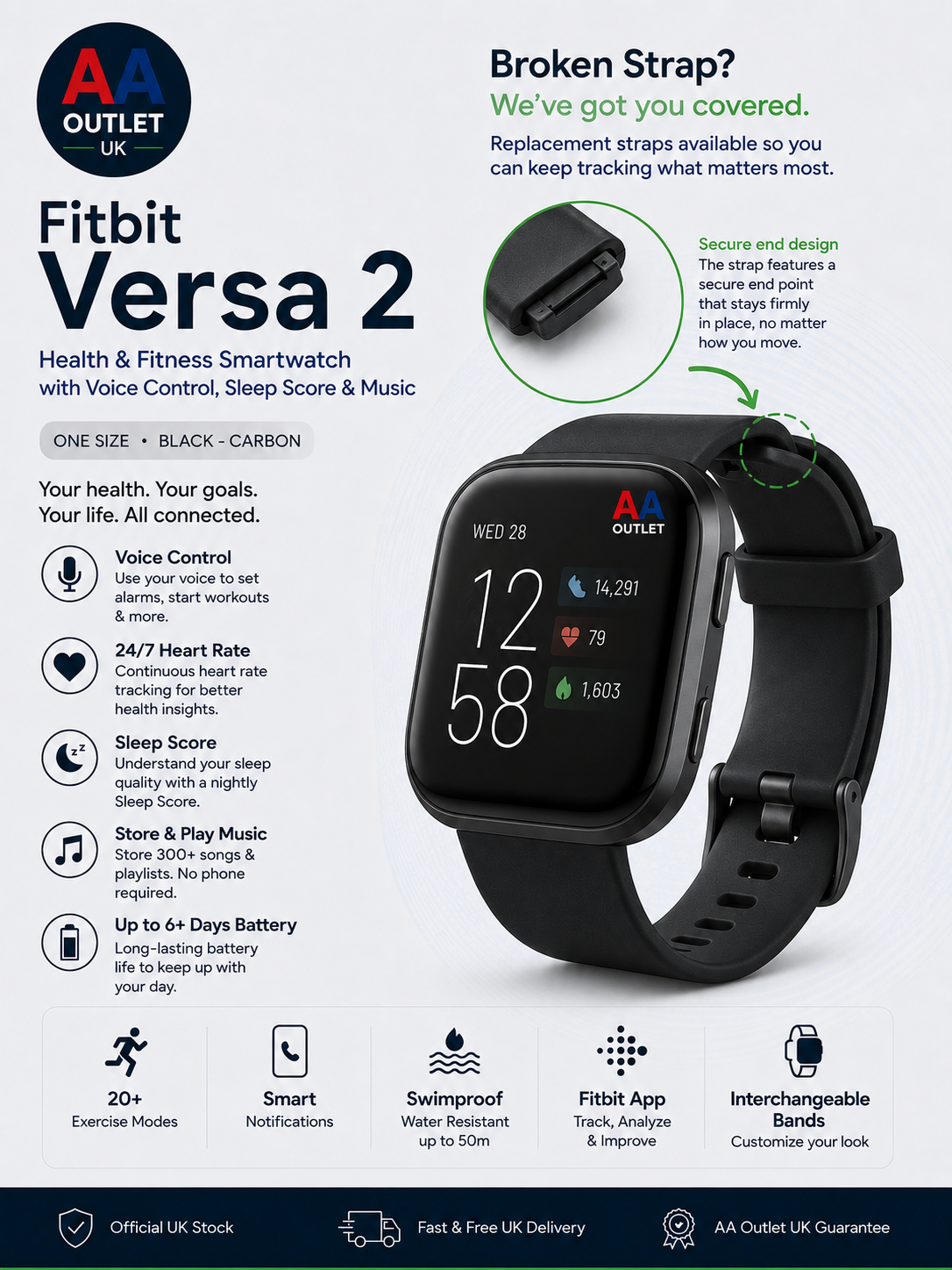 Fitbit Versa 2 Health Fitness Smartwatch Voice Control Sleep Score Music