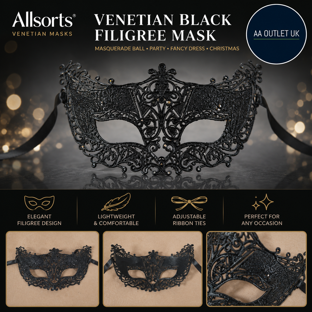 Allsorts Venetian Black Filigree Masquerade Ball Mask Party Fancy Dress Black