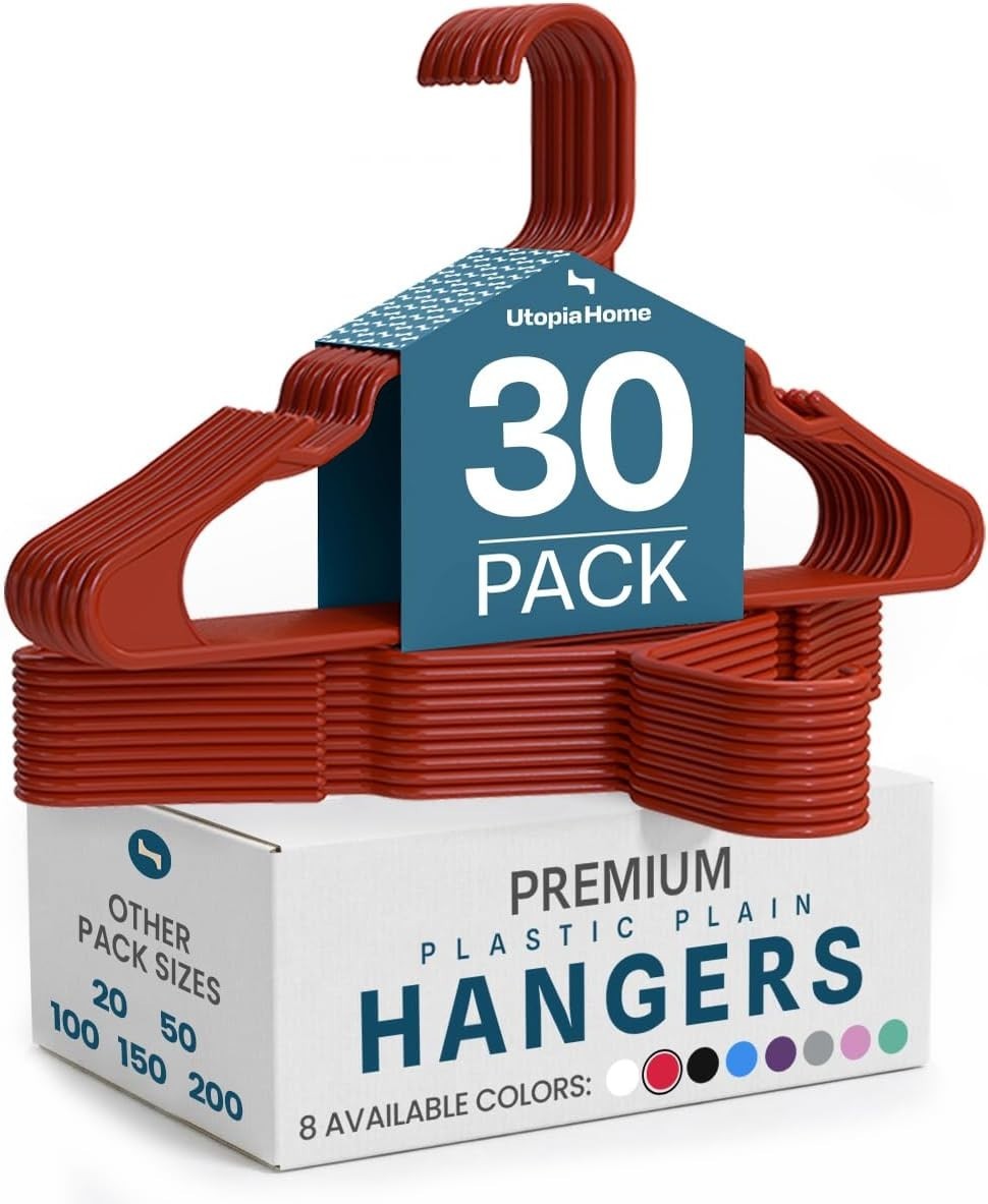 Utopia Home 30 Pack Plastic Hangers Space Saving 16x9.4 Shoulder Grooves Red New