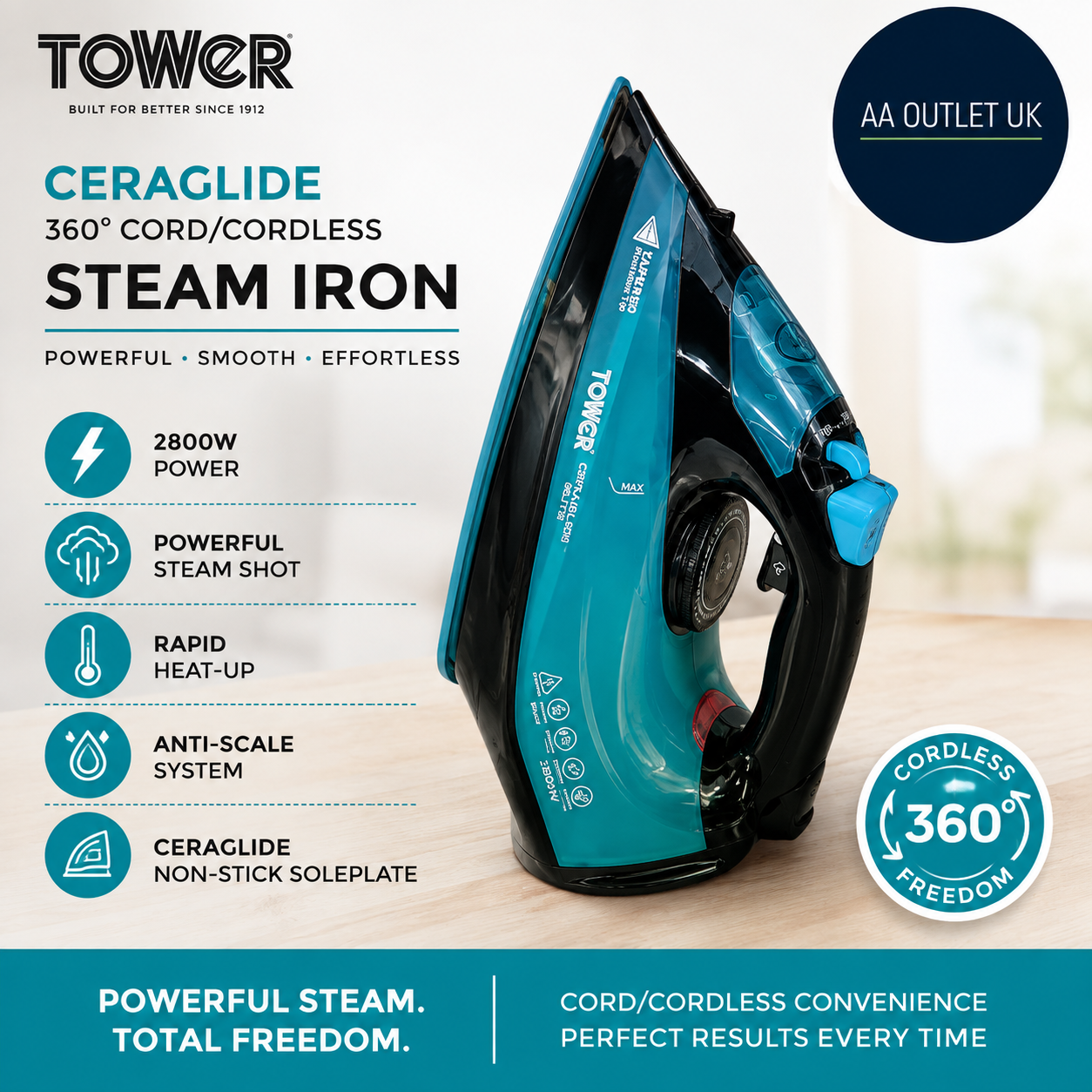 Tower T22022TL Ceraglide 360 Cord Cordless Steam Iron Rapid Heat Up 2800W