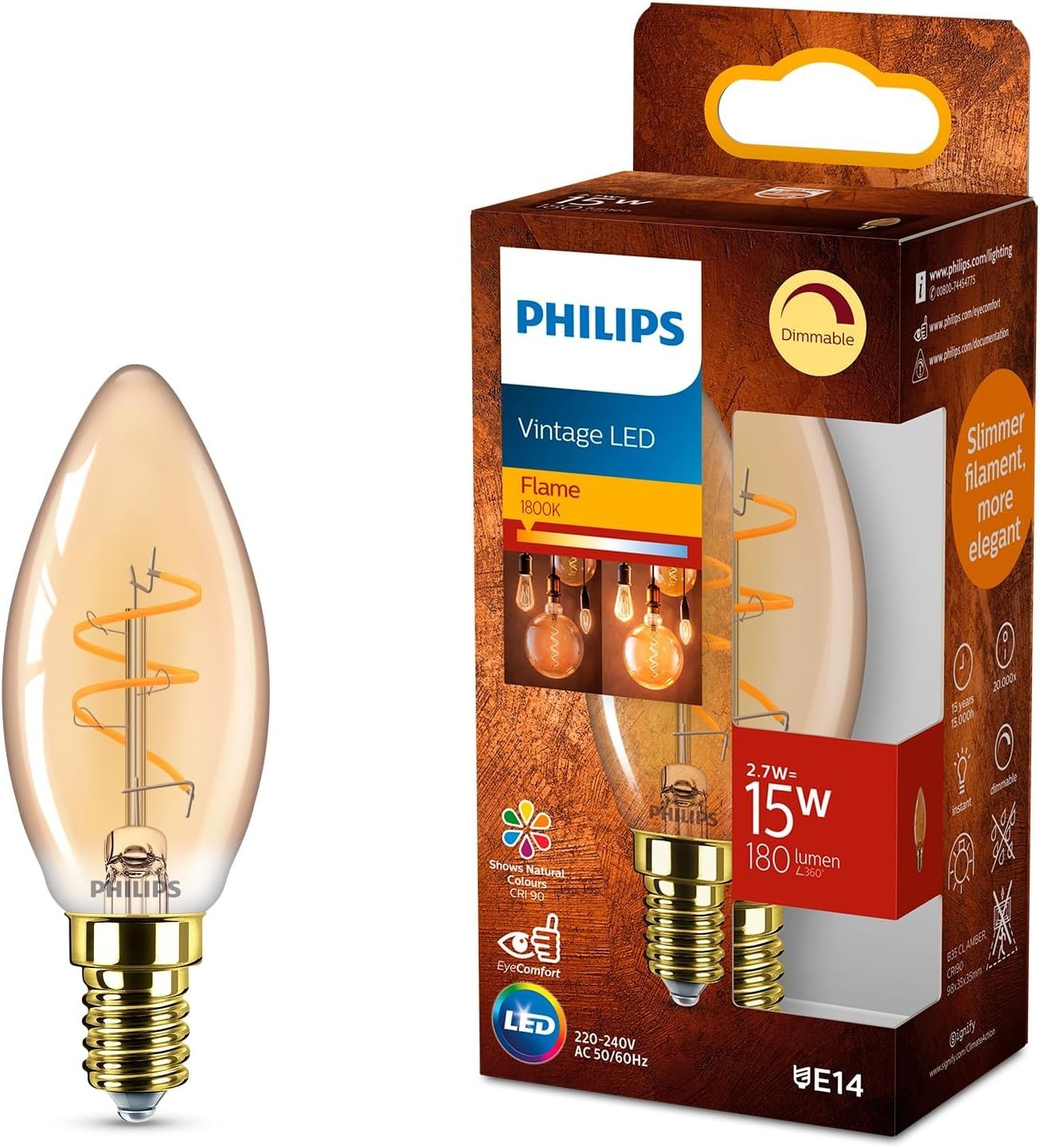 Philips Vintage Amber Spiral B35 Bulb Dimmable Flicker Free Eye Comfort New