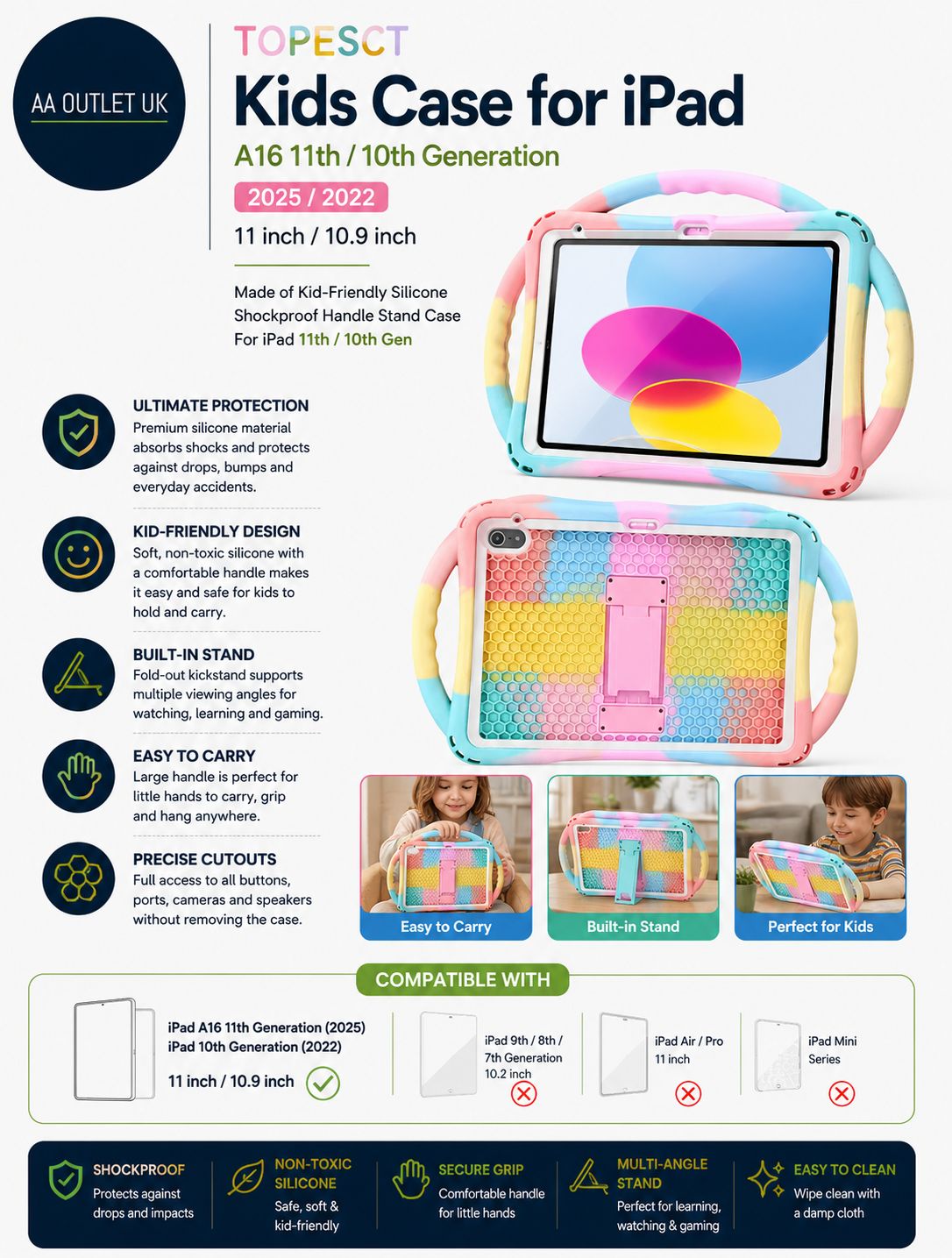 Topesct Kids Case iPad A16 11th 10th Gen 11in 10.9in Kid Friendly Silicone