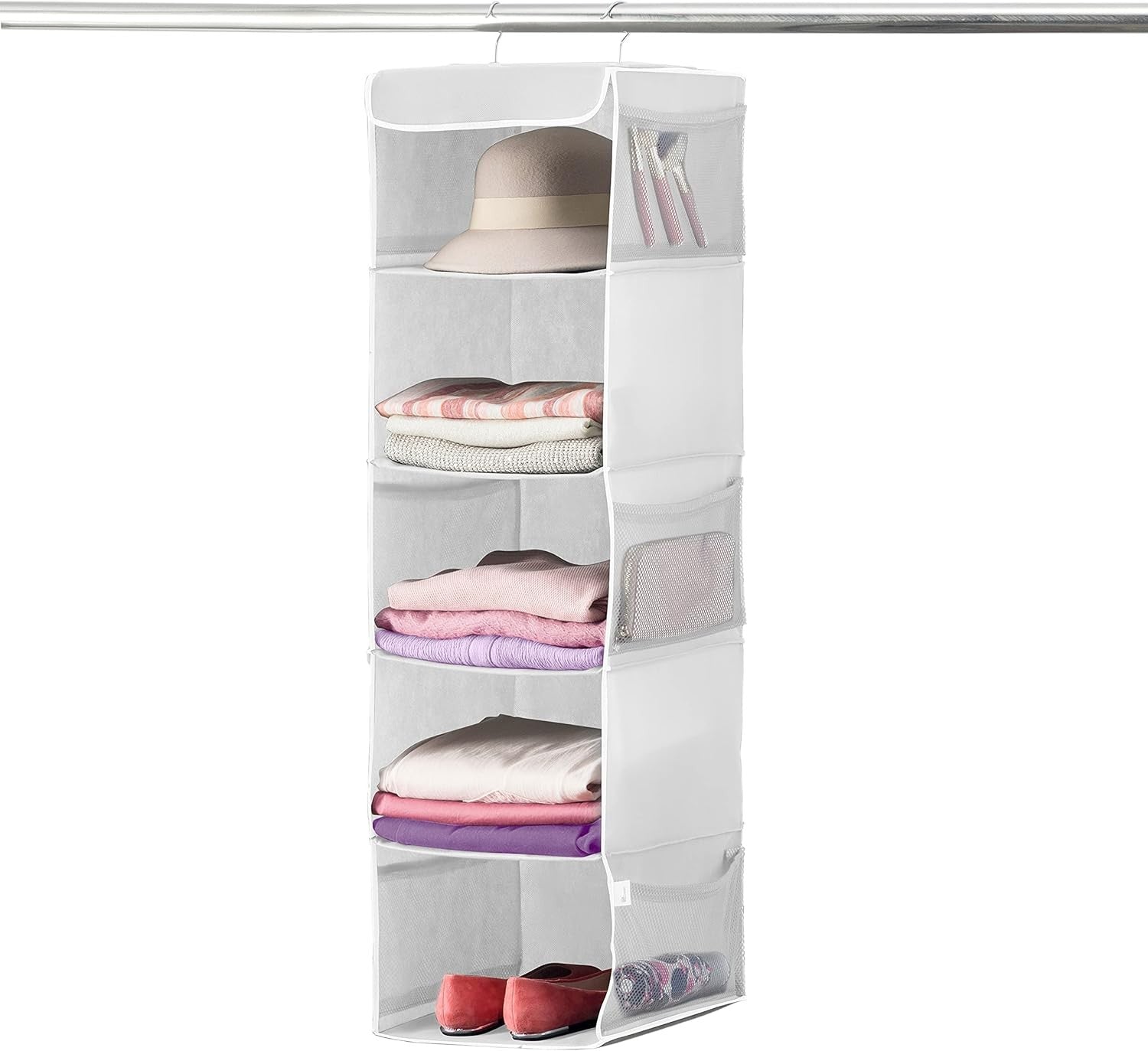 2 Pack Hanging Wardrobe Organiser 5 Tier Hanging Shelves Durable Metal Hooks