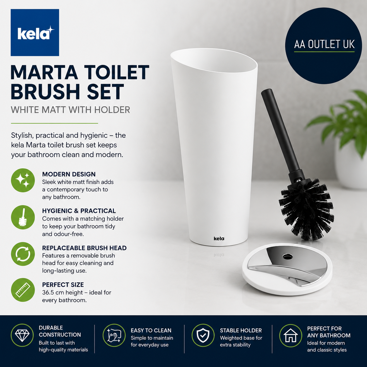 Kela 22275 Marta Toilet Brush Diameter 11cm Plastic 11x11x36.5cm White