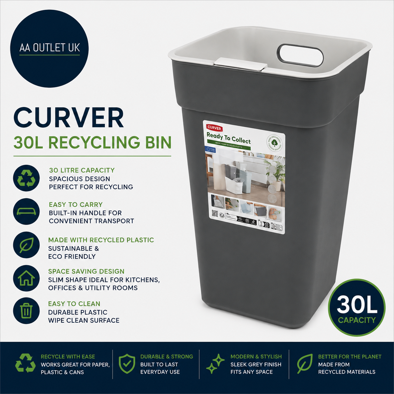 Curver 30Litre Recycling Bin Made From Plastic Grey 55x24.6x36.7
