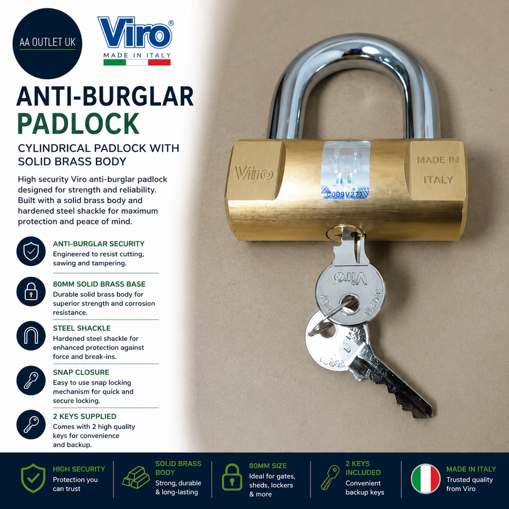 Viro Anti Burglar Padlock Cylindrical 80mm Solid Brass Base Steel Shackle