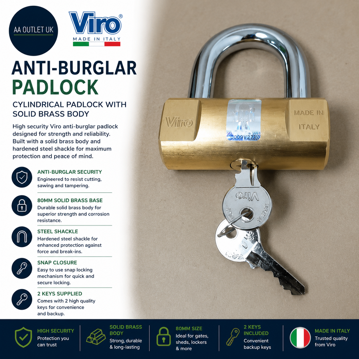 Viro Anti Burglar Padlock Cylindrical 80mm Solid Brass Base Steel Shackle