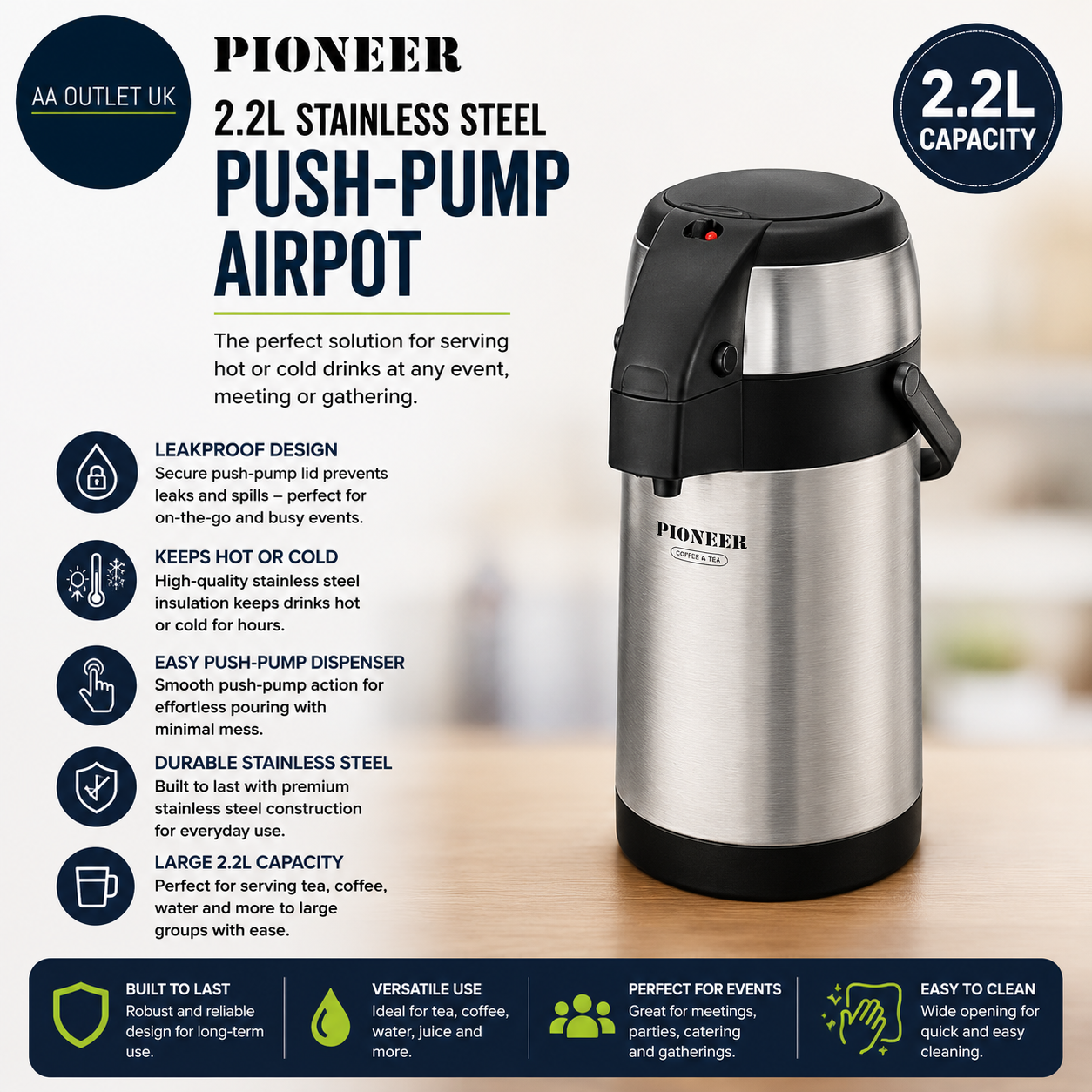 Pioneer 2.2L Stainless Steel Push Pump Airpot Leakproof Flask Hot Cold Grey