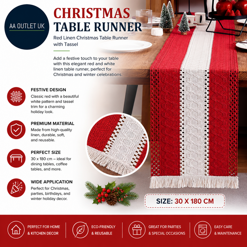 Dazhtu Christmas Table Runner Red Linen Decorations Tassel Kitchen 30x180cm