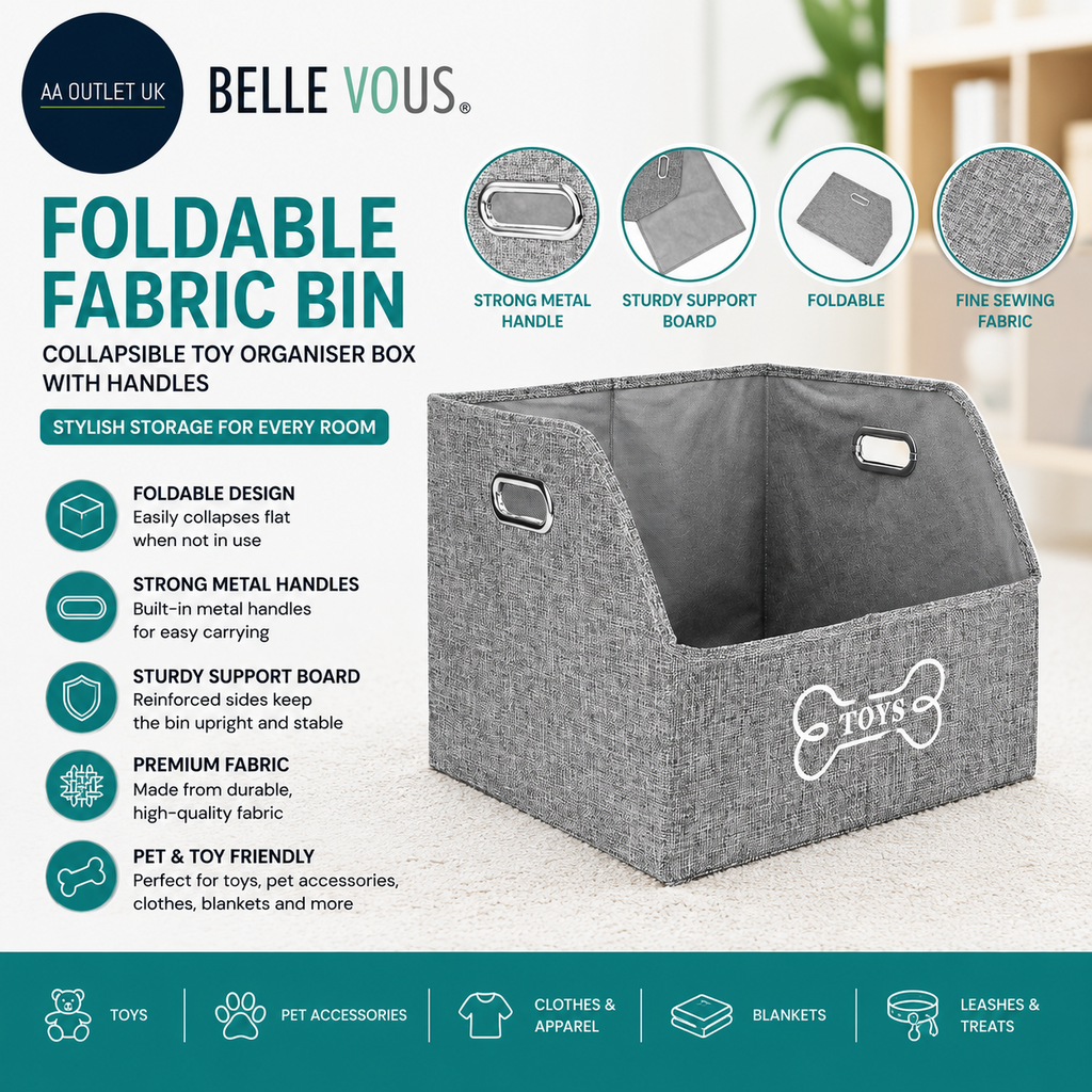 Belle Vous Foldable Fabric Bin Collapsible Toy Organiser Box Handles Grey