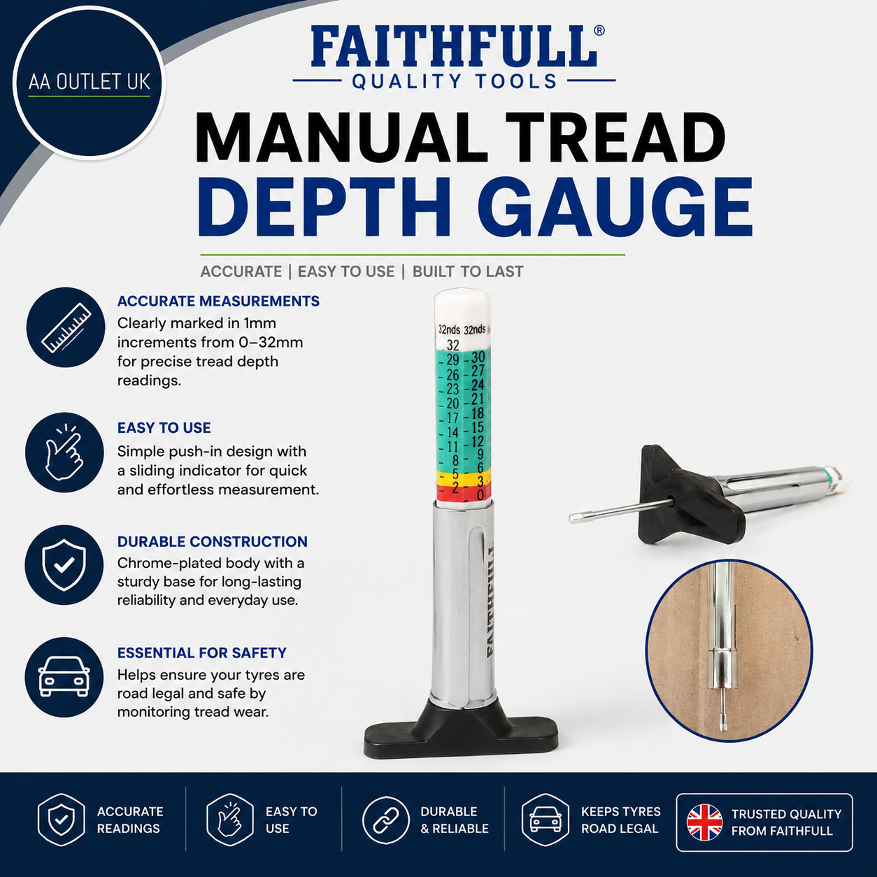 Faithfull FAIAUTGAUGE Manual Tread Depth Gauge Alloy Steel Metal Plastic