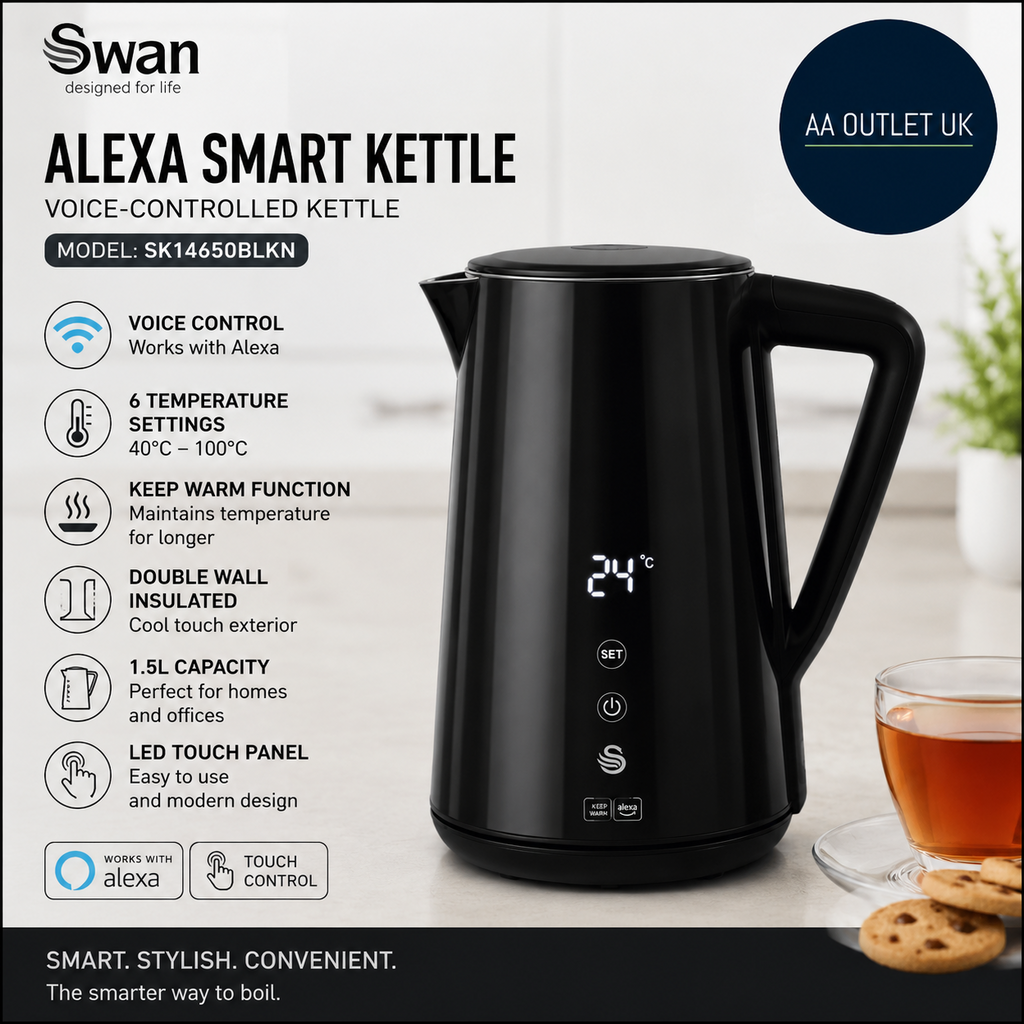 Swan Alexa Smart Kettle 1.5L Voice Controlled LED Touch Panel 6 SK14650BLKN