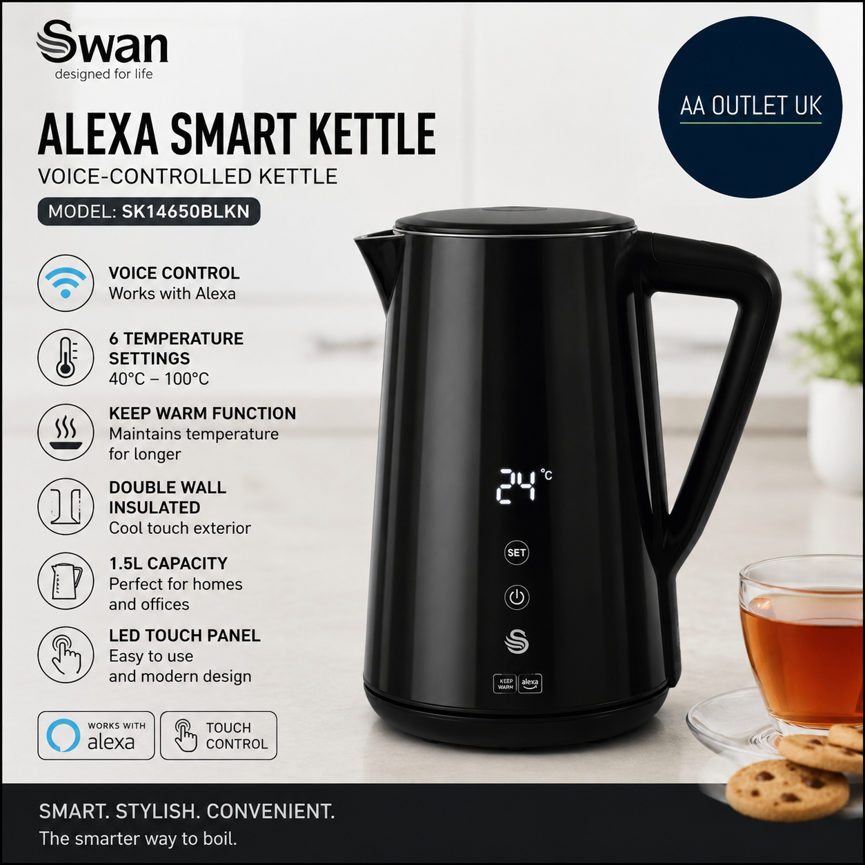 Swan Alexa Smart Kettle 1.5L Voice Controlled LED Touch Panel 6 SK14650BLKN