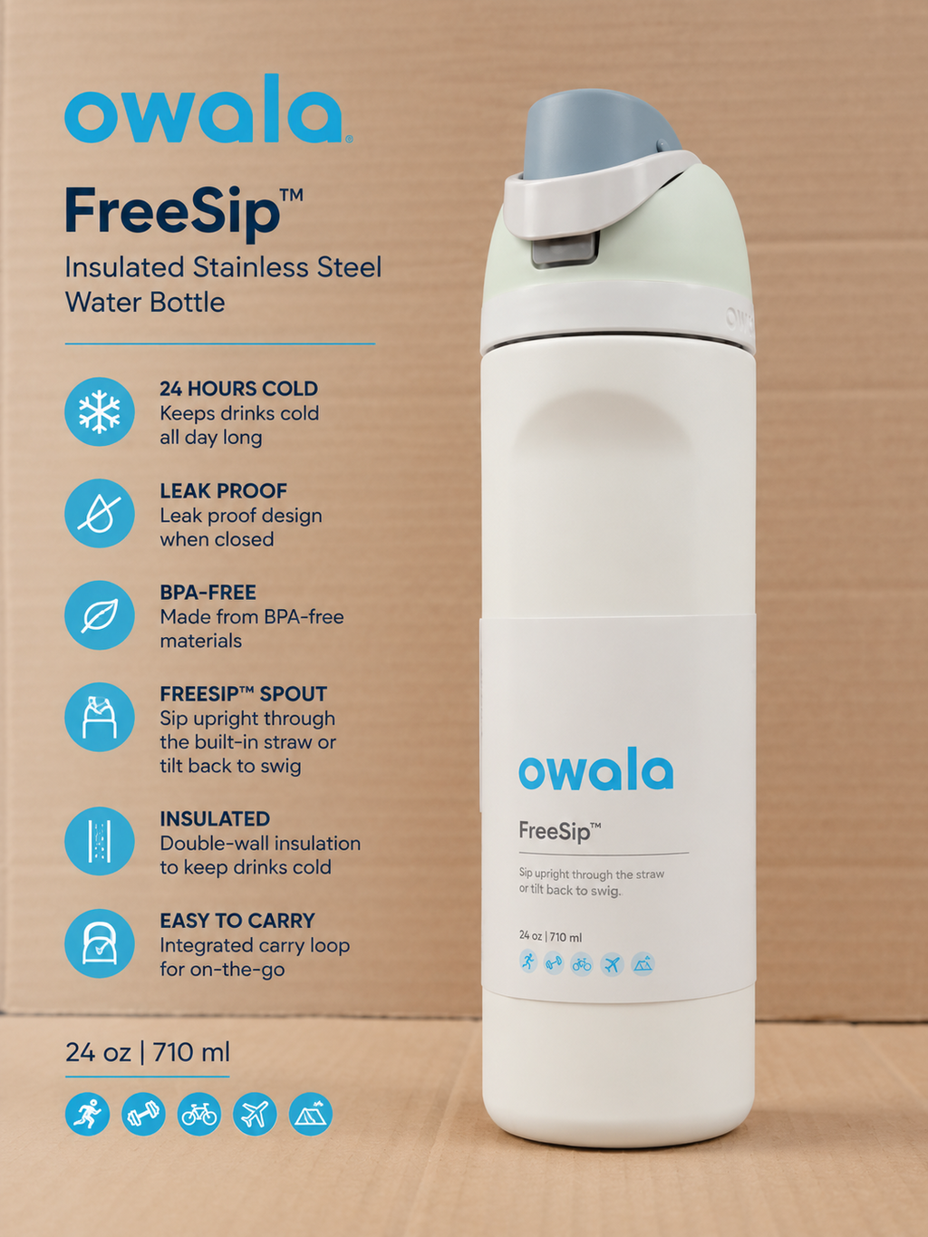 Owala FreeSip Insulated Stainless Steel Water Bottler Sports 710ml Iced Breeze