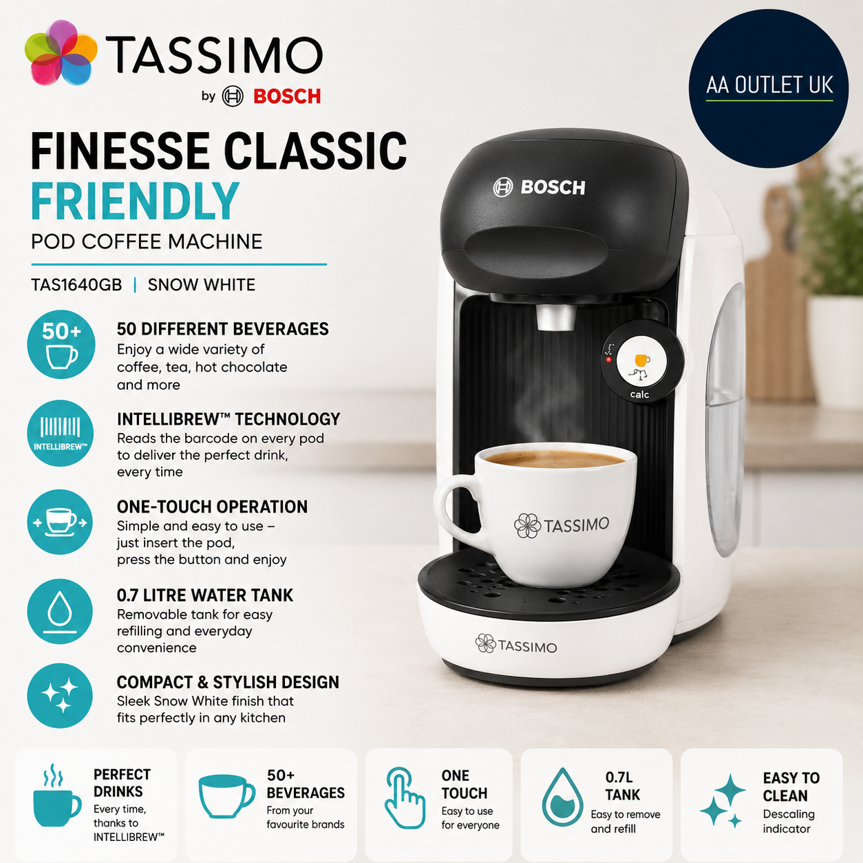 Tassimo By Bosch Finesse Classic Friendly Pod Coffee Machine TAS1640GB