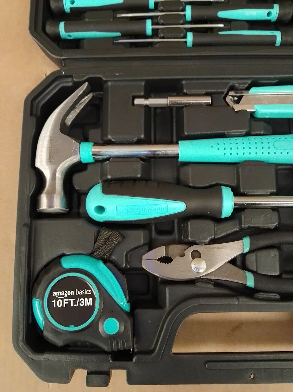 Amazon Basics Tool Kit Storage Case 142 Piece Household Tool Set DIY Turquoise