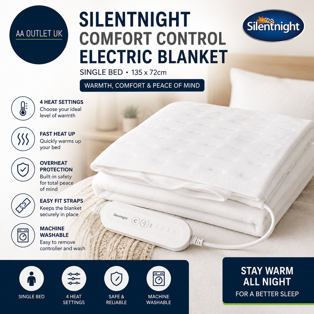 Silentnight Comfort Control Electric Blanket Single Bed Heated Underblanket