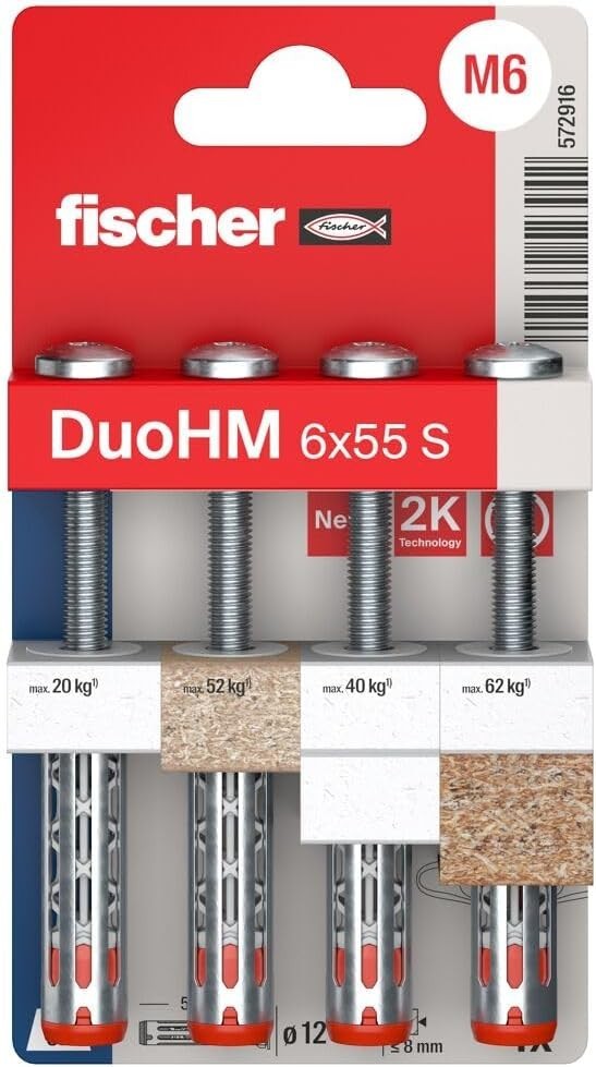 Fischer 572916 DuoHM Cavity Dowels 6x55 S TX Metric Panhead Screw Pack Of 4 New
