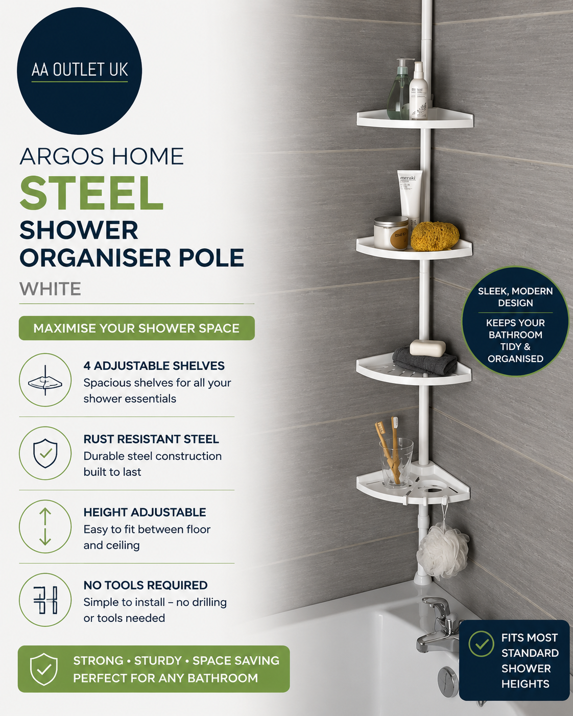 Argos Home Steel Shower Organiser Pole 4 Shelves White 244x19.6x19.6cm