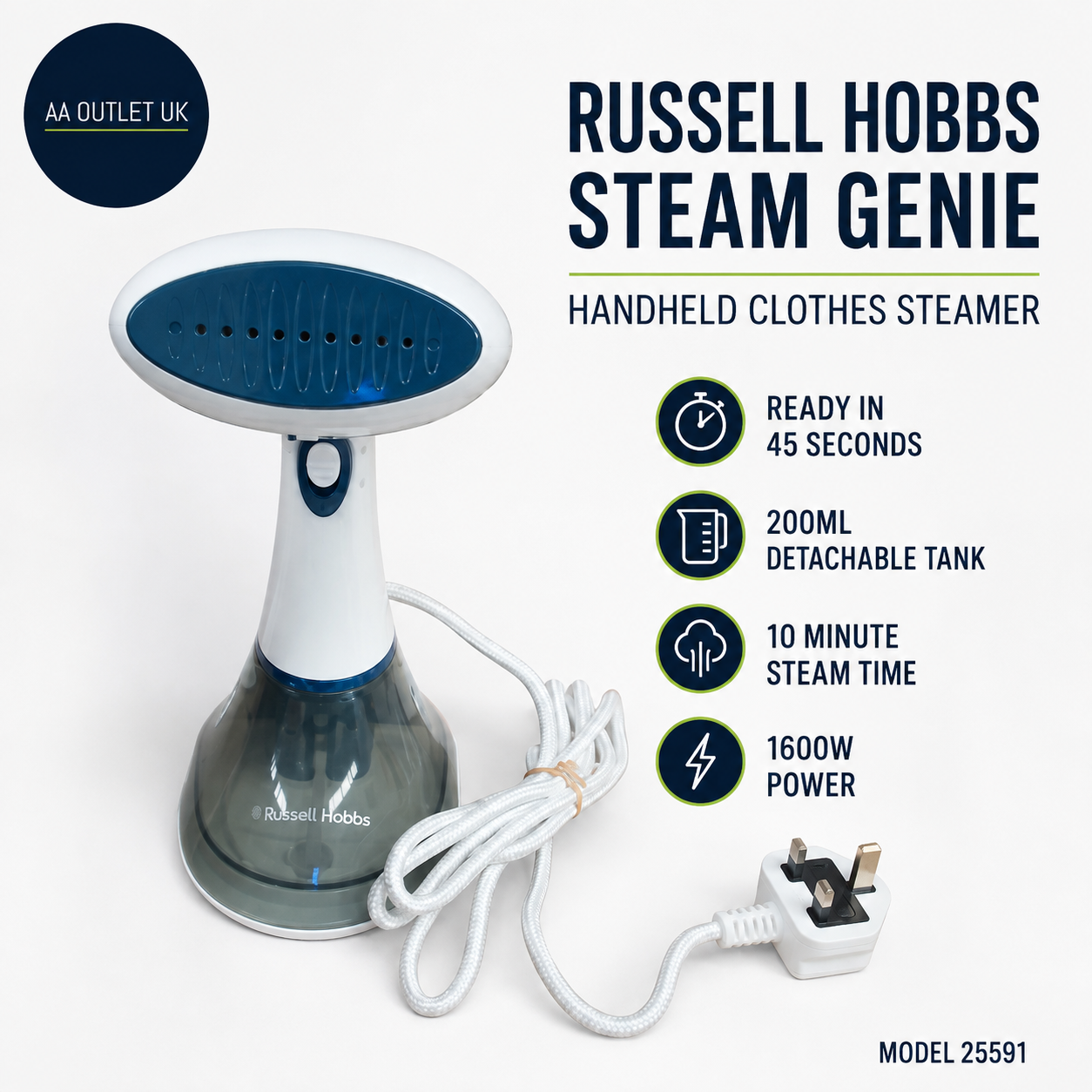 Russell Hobbs Steam Genie Handheld Clothes Steamer No Ironing Board 1600w