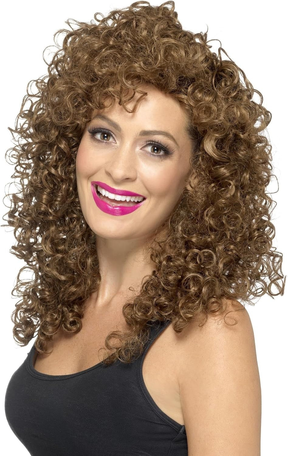Smiffys Boogie Babe Wig Brown Long Curly 1980s Fancy Dress Adult Dress Up New