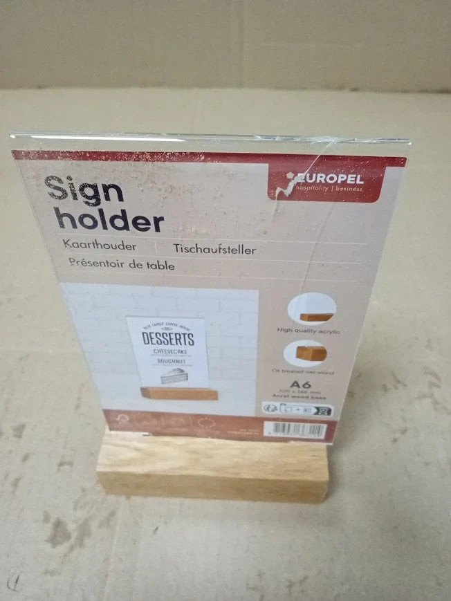 Europel Sign Holder A6 Portrait Durable FSC Certified Oakwood Base Double Sided