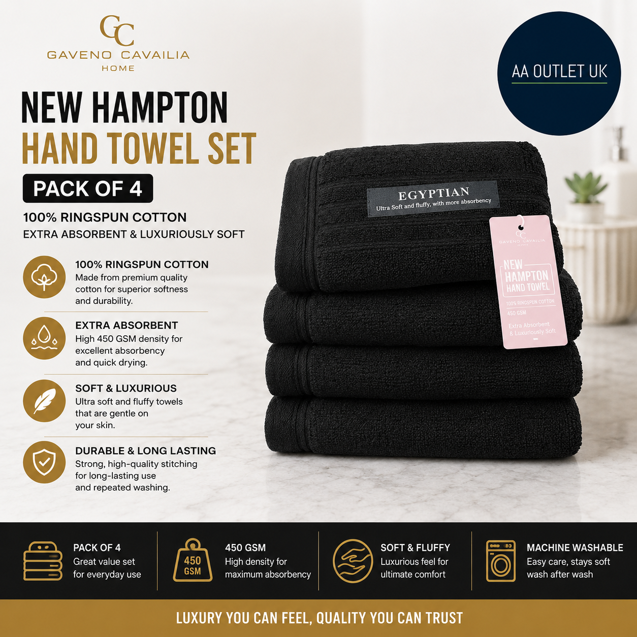 GC Gaveno Cavalia New Hampton Pack Of 4 Hand Luxury Towel Set 80x50cm New