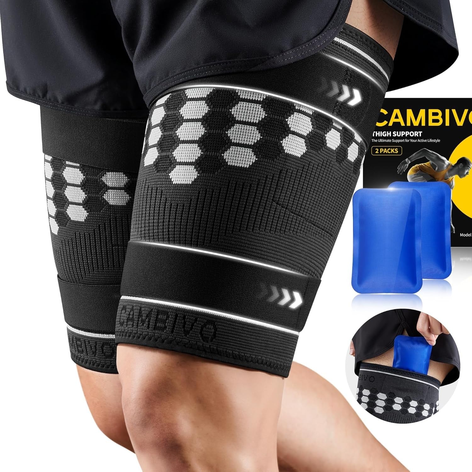 Cambivo Thigh Compression Support Sleeve Hot Cold Gel Pack 2 Sleeves Medium New