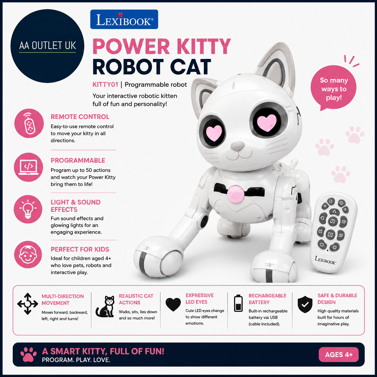 Lexibook Power Kitty Robot Cat KITTY01 Programmable Robot Light Sound Effects 4+