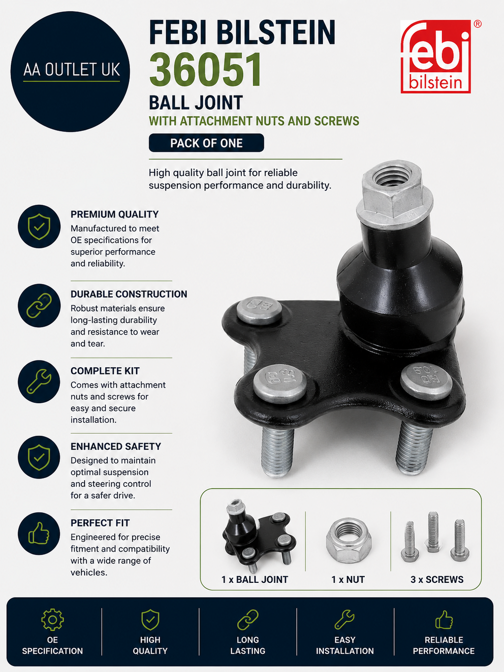 Febi Bilstein Spare Part 36051  Ball Joint attachment Nuts Screws Pack Of One