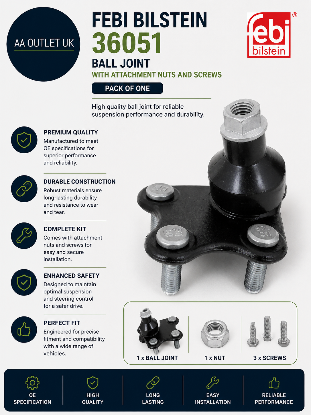 Febi Bilstein Spare Part 36051  Ball Joint attachment Nuts Screws Pack Of One