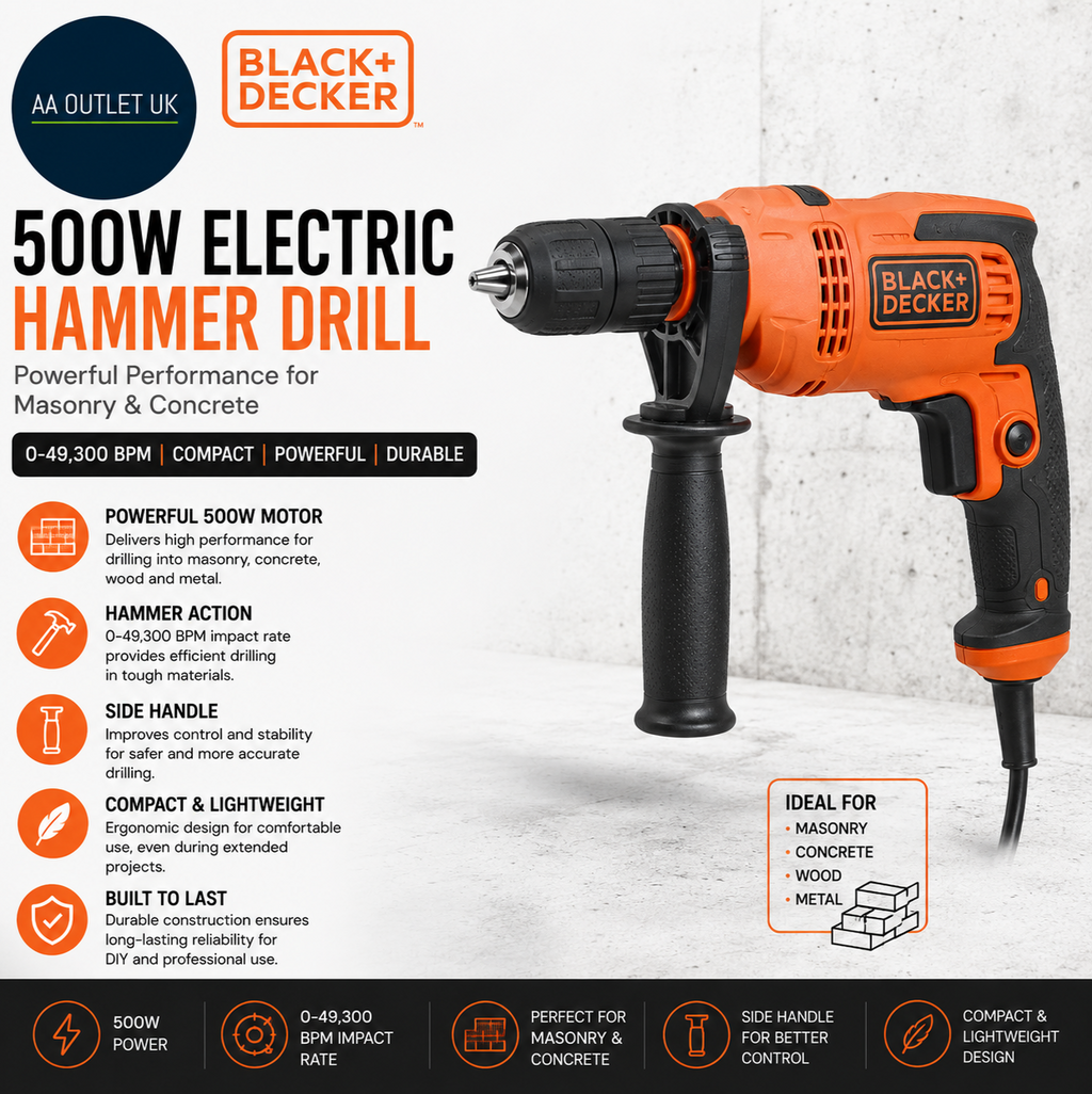 Black+Decker 500W Electric Hammer Drill Powerful 049300 BPM Masonry Concrete