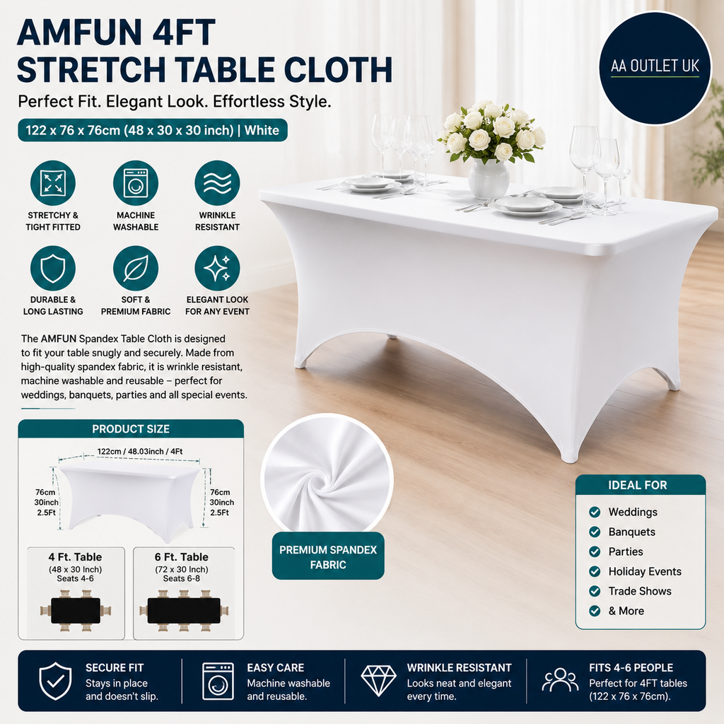 Amfun 4ft Kitchen Spandex Table Cloth Stretch Rectangular White 122x76x76cm