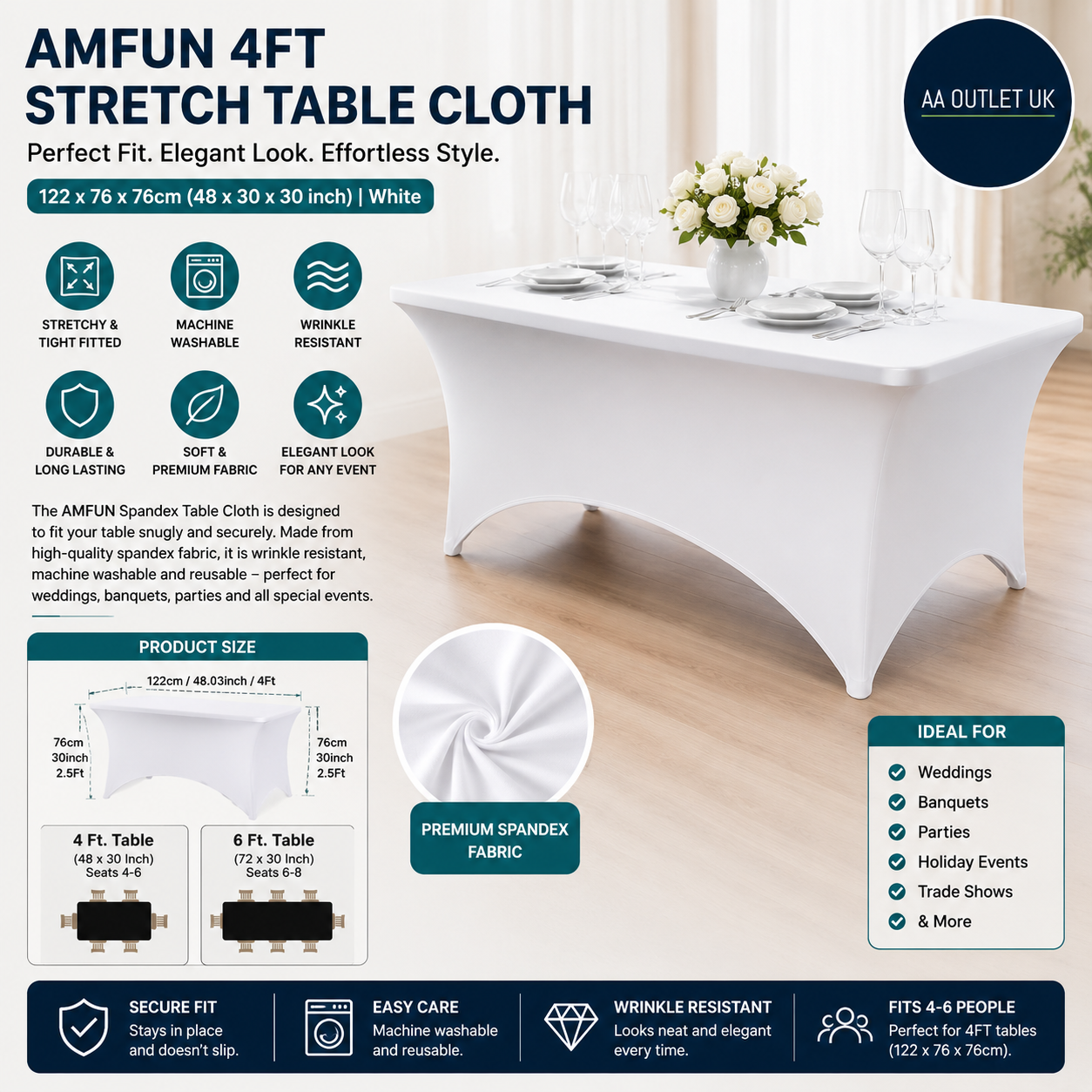 Amfun 4ft Kitchen Spandex Table Cloth Stretch Rectangular White 122x76x76cm