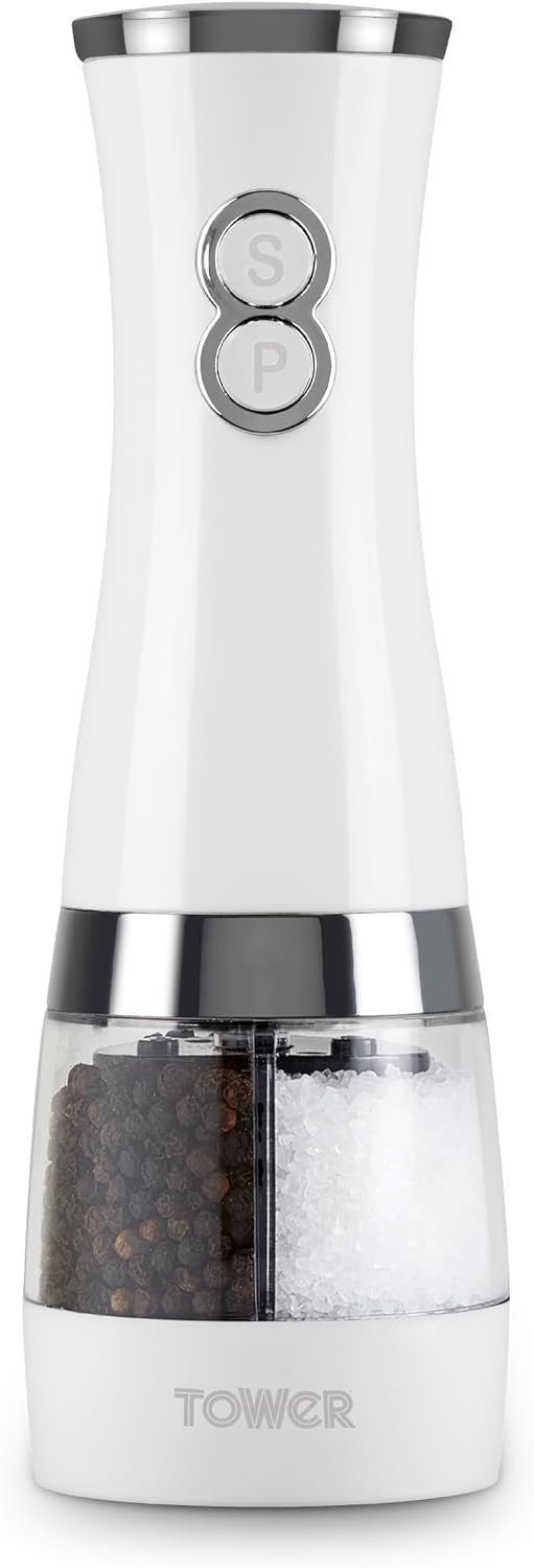 Tower T847004W Electric Duo Salt Pepper Mills Battery Operated Adjustable New