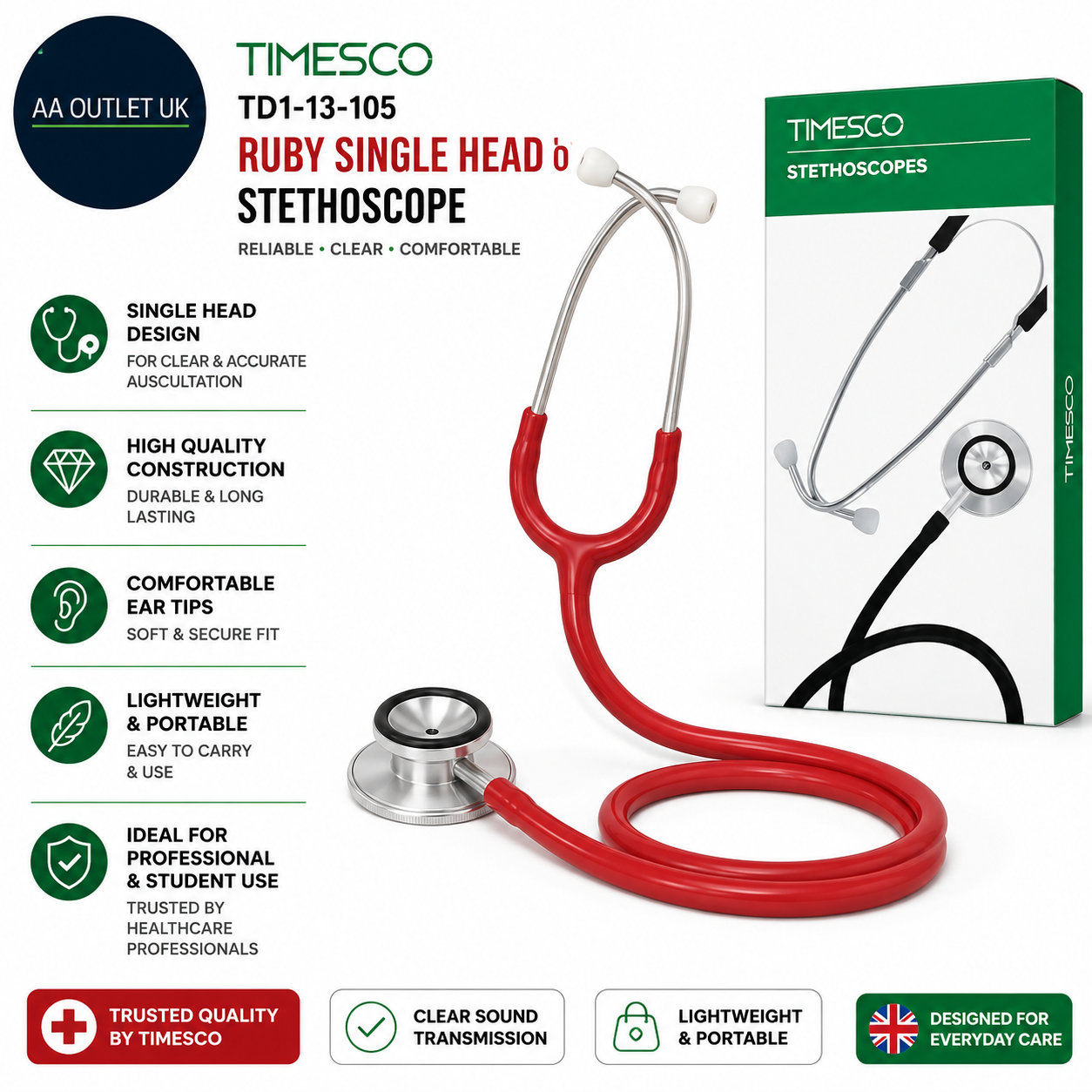Timesco TD113105 Ruby Single Head Stethoscope Red Latex Free