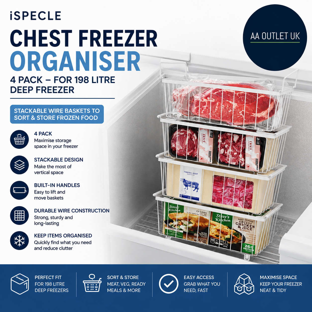 iSPECLE Chest Freezer Organiser 4 Pack 198 Litre Deep Freezer Stackable