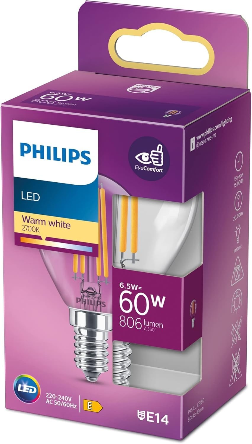 Philips Led Premium Classic P45 Lustre Light Bulb E14 Small Edison 6.5W New